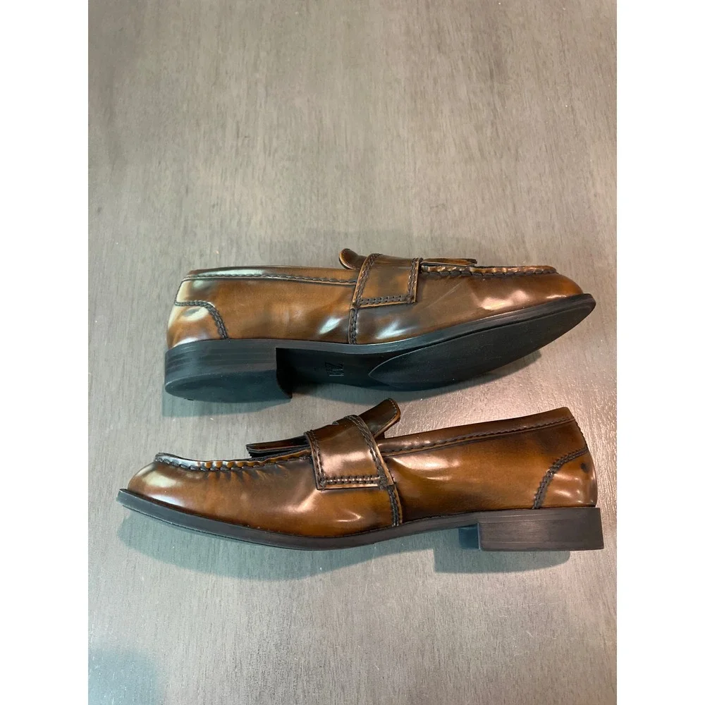 Zara Brown Kiltie Fringe Penny Loafers Women Size 41 (10)Burnished Slip On Shoes
